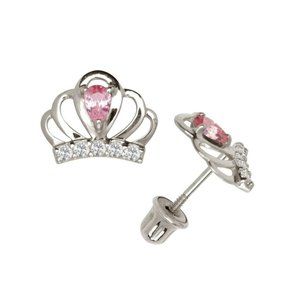14K Solid Gold Royal Crown Screwback Studs Earrings with Pink Stones